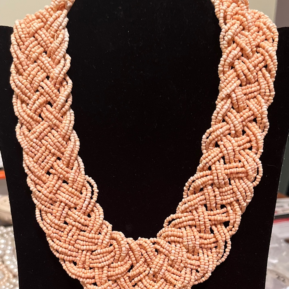 Vintage Seed Beaded Braided Necklace - Muted Peach Tone